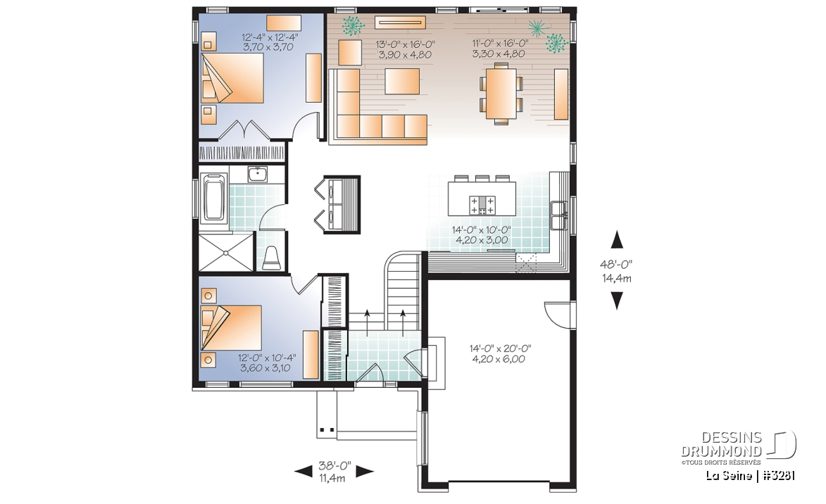 Rez-de-chaussée - Plan de plain-pied moderne, 2 chambres, garage, entrée split avec garde-robe, aire ouverte, cuisine avec îlot - La Seine