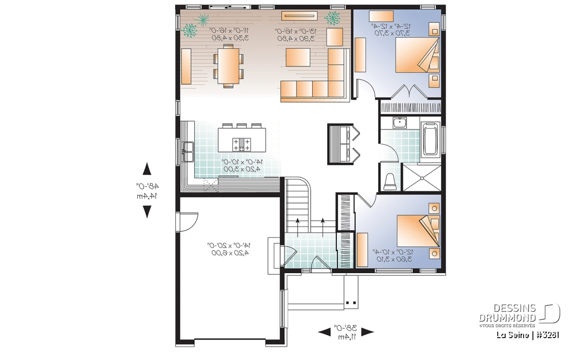 Rez-de-chaussée - Plan de plain-pied moderne, 2 chambres, garage, entrée split avec garde-robe, aire ouverte, cuisine avec îlot - La Seine