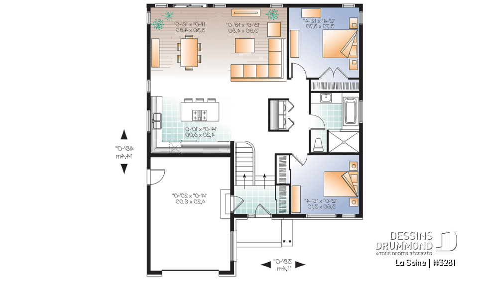 Rez-de-chaussée - Plan de plain-pied moderne, 2 chambres, garage, entrée split avec garde-robe, aire ouverte, cuisine avec îlot - La Seine