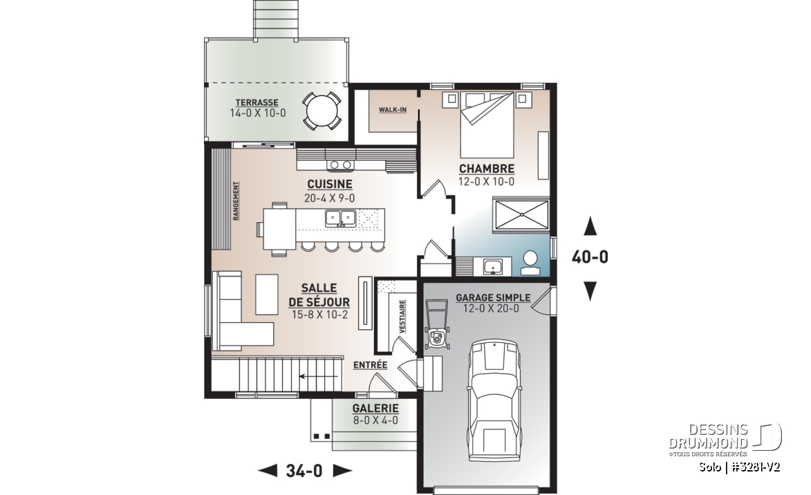Rez-de-chaussée - Plan de petit plain-pied moderne 1 chambre, garage, cuisine à aire ouverte avec salon, grande chambre maître - Solo