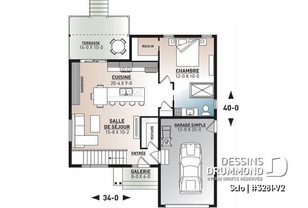 Rez-de-chaussée - Plan de petit plain-pied moderne 1 chambre, garage, cuisine à aire ouverte avec salon, grande chambre maître - Solo