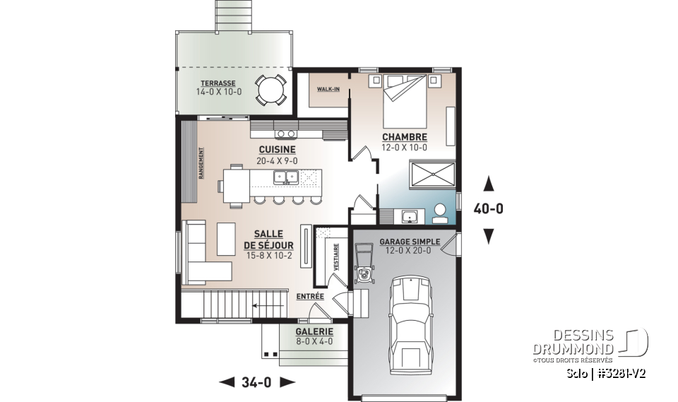 Rez-de-chaussée - Plan de petit plain-pied moderne 1 chambre, garage, cuisine à aire ouverte avec salon, grande chambre maître - Solo