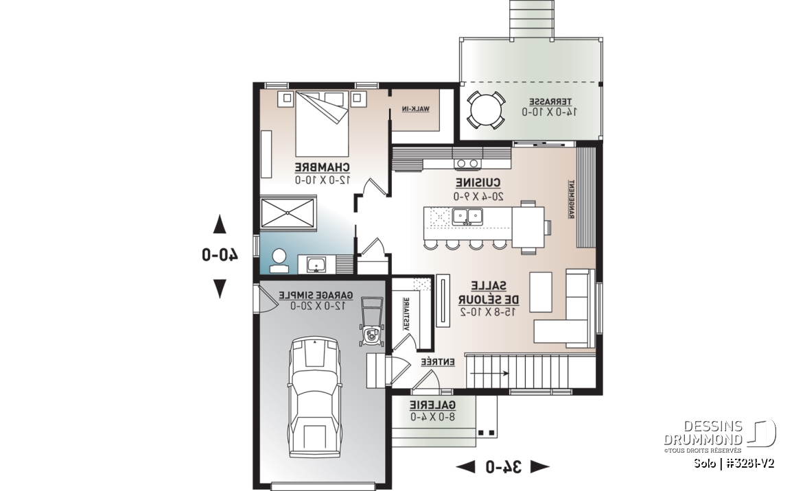 Rez-de-chaussée - Plan de petit plain-pied moderne 1 chambre, garage, cuisine à aire ouverte avec salon, grande chambre maître - Solo