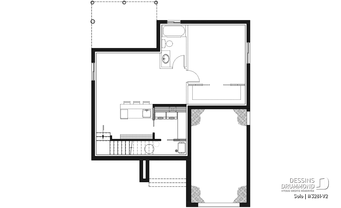 Sous-sol - Plan de petit plain-pied moderne 1 chambre, garage, cuisine à aire ouverte avec salon, grande chambre maître - Solo