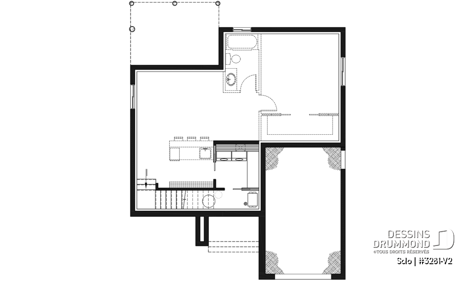 Sous-sol - Plan de petit plain-pied moderne 1 chambre, garage, cuisine à aire ouverte avec salon, grande chambre maître - Solo