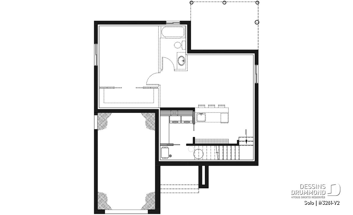 Sous-sol - Plan de petit plain-pied moderne 1 chambre, garage, cuisine à aire ouverte avec salon, grande chambre maître - Solo