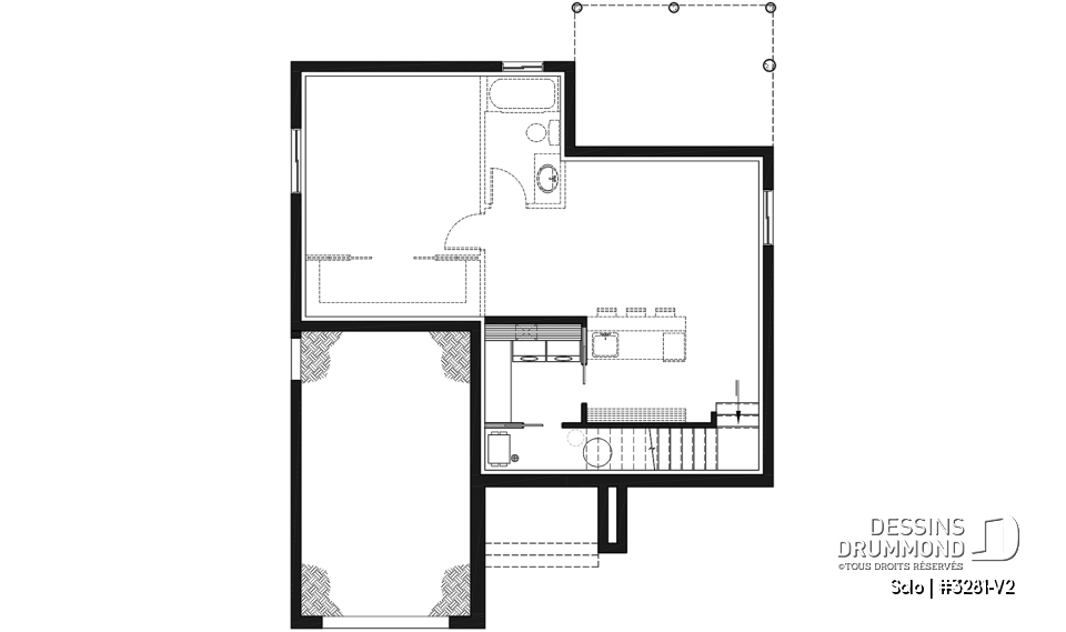 Sous-sol - Plan de petit plain-pied moderne 1 chambre, garage, cuisine à aire ouverte avec salon, grande chambre maître - Solo