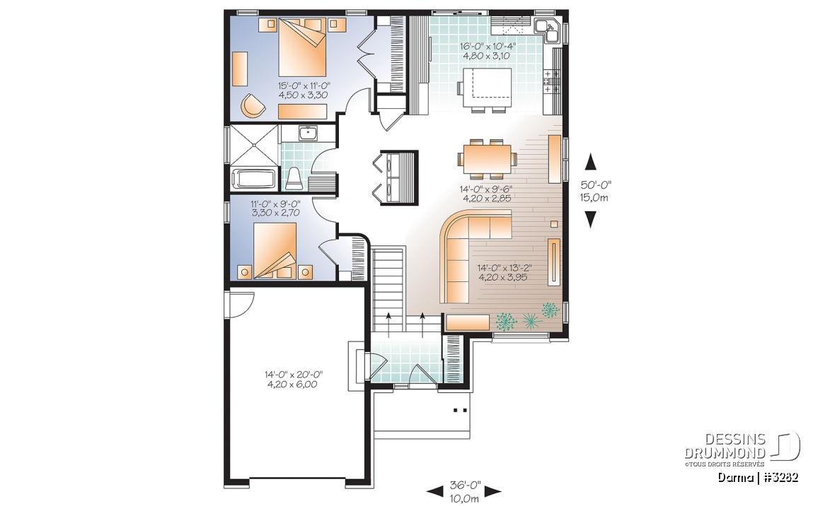 Rez-de-chaussée - Plan de plain-pied moderne 2 chambres, garage, cuisine avec grand îlot, buanderie au rez-de-chaussée - Darma