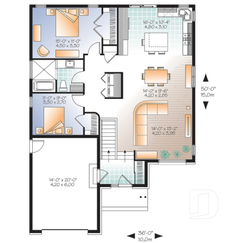 Rez-de-chaussée - Plan de plain-pied moderne 2 chambres, garage, cuisine avec grand îlot, buanderie au rez-de-chaussée - Darma