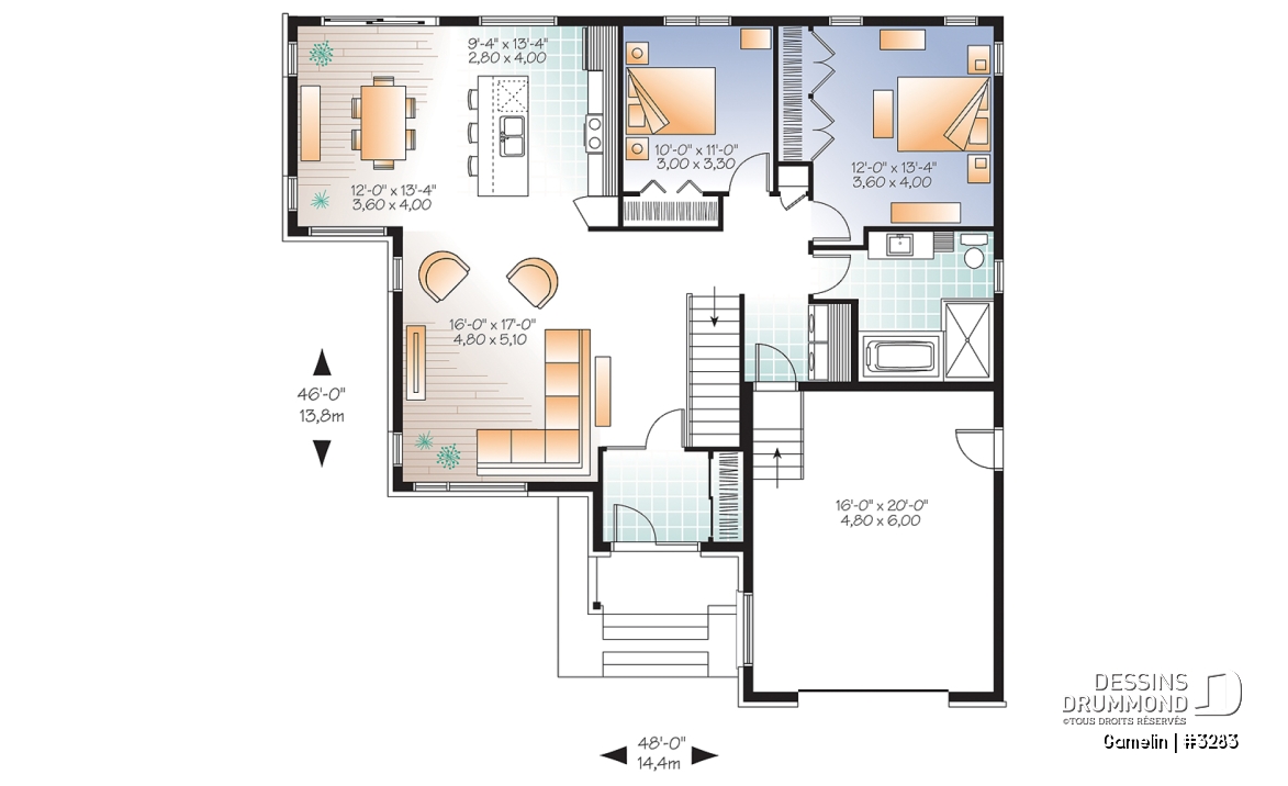 Rez-de-chaussée - Plan de maison moderne, grand garage, 2 chambres, grand cuisine avec îlot central, buanderie au rdc. - Gamelin