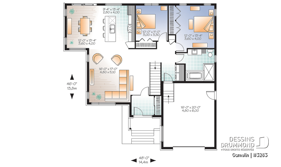 Rez-de-chaussée - Plan de maison moderne, grand garage, 2 chambres, grand cuisine avec îlot central, buanderie au rdc. - Gamelin