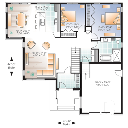 Rez-de-chaussée - Plan de maison moderne, grand garage, 2 chambres, grand cuisine avec îlot central, buanderie au rdc. - Gamelin
