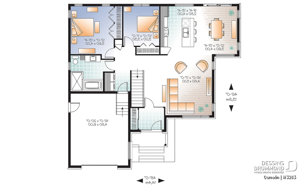 Rez-de-chaussée - Plan de maison moderne, grand garage, 2 chambres, grand cuisine avec îlot central, buanderie au rdc. - Gamelin