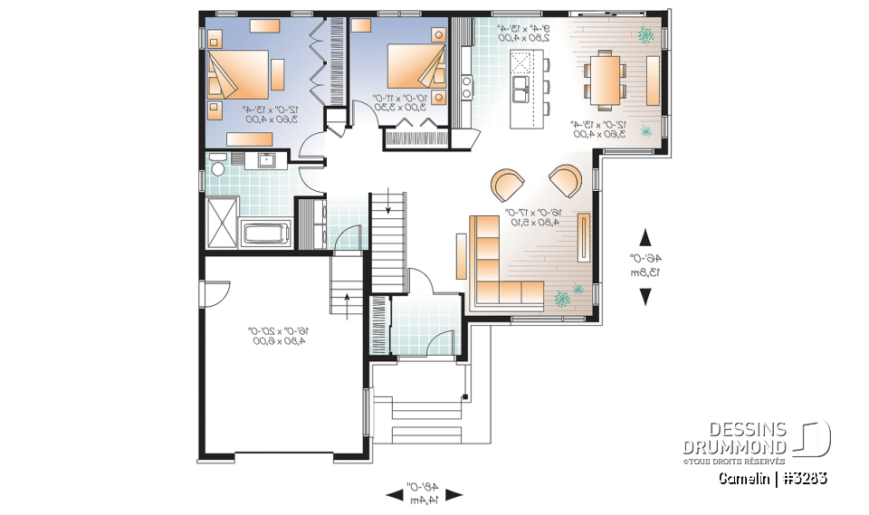 Rez-de-chaussée - Plan de maison moderne, grand garage, 2 chambres, grand cuisine avec îlot central, buanderie au rdc. - Gamelin