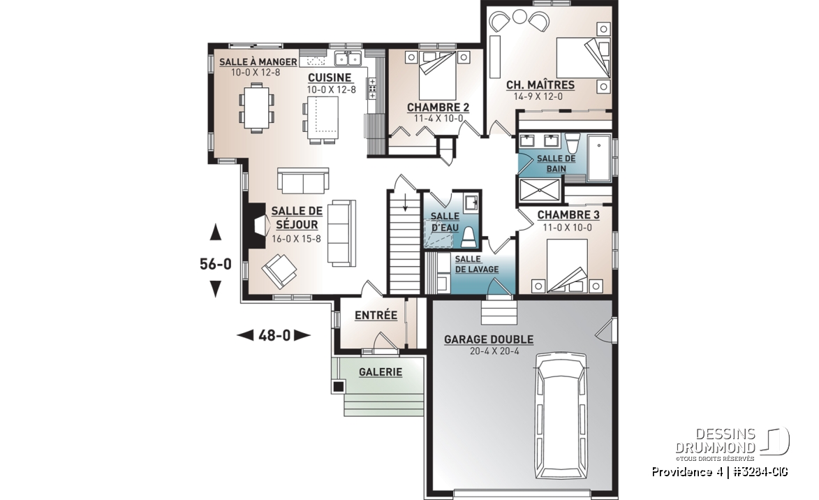 Rez-de-chaussée - Plan de plain-pied 3 chambres au même plancher, garage double, vestibule, foyer, 2 salles de bain - Providence 4