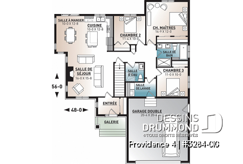 Rez-de-chaussée - Plan de plain-pied 3 chambres au même plancher, garage double, vestibule, foyer, 2 salles de bain - Providence 4
