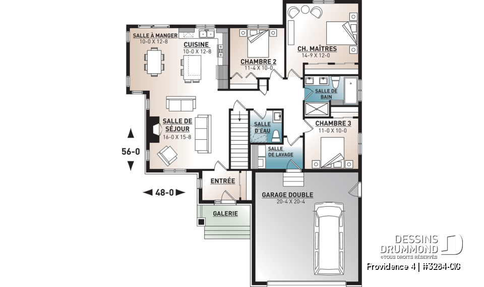 Rez-de-chaussée - Plan de plain-pied 3 chambres au même plancher, garage double, vestibule, foyer, 2 salles de bain - Providence 4