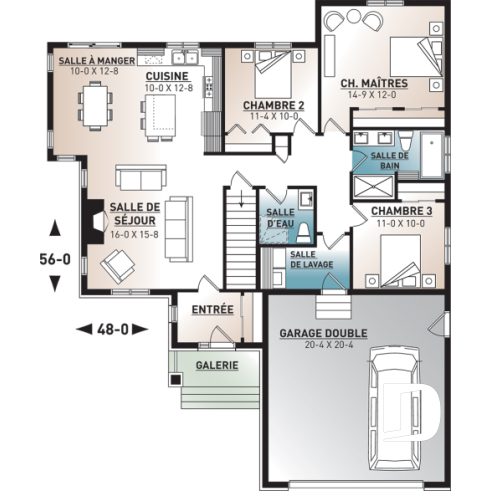 Rez-de-chaussée - Plan de plain-pied 3 chambres au même plancher, garage double, vestibule, foyer, 2 salles de bain - Providence 4