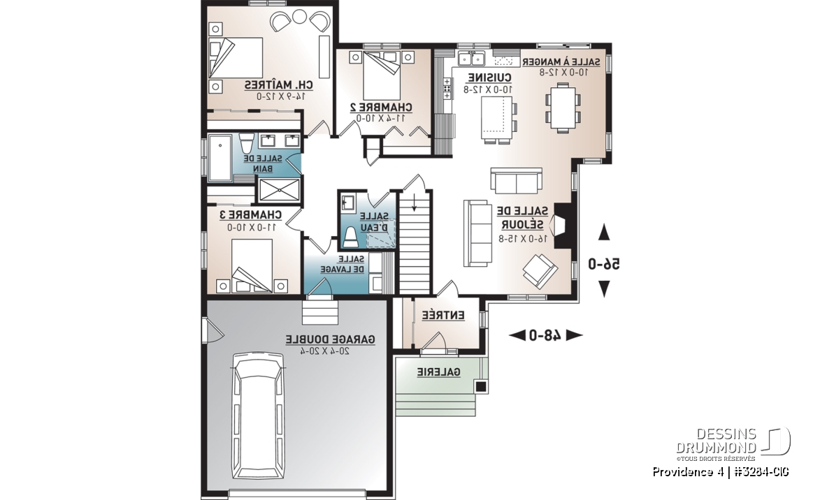 Rez-de-chaussée - Plan de plain-pied 3 chambres au même plancher, garage double, vestibule, foyer, 2 salles de bain - Providence 4
