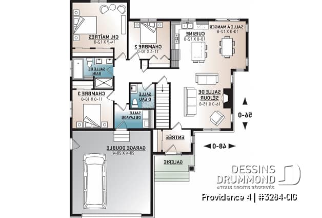 Rez-de-chaussée - Plan de plain-pied 3 chambres au même plancher, garage double, vestibule, foyer, 2 salles de bain - Providence 4
