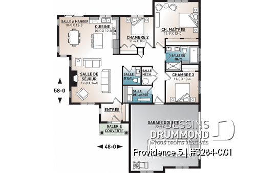 Rez-de-chaussée - Plan de plain-pied champêtre, 3 chambres, garage double latéral, buanderie, foyer, plafond à 9 pieds - Providence 5