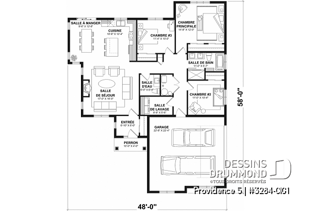 Rez-de-chaussée du plan de maison unifamiliale 3284-CIG1 Rez-de-chaussée - Plan de plain-pied champêtre, 3 chambres, garage double latéral, buanderie, foyer, plafond à 9 pieds - Providence 5