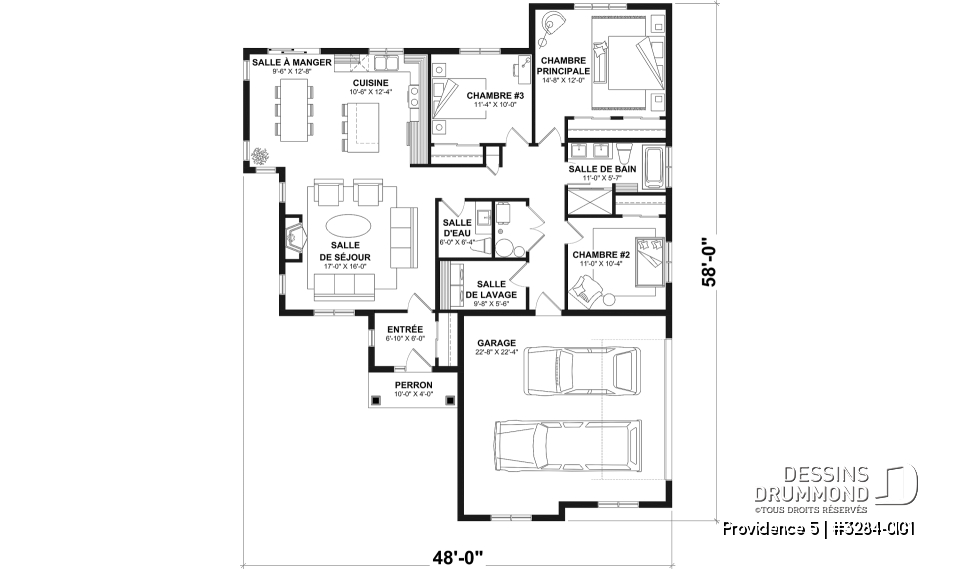 Rez-de-chaussée - Plan de plain-pied champêtre, 3 chambres, garage double latéral, buanderie, foyer, plafond à 9 pieds - Providence 5