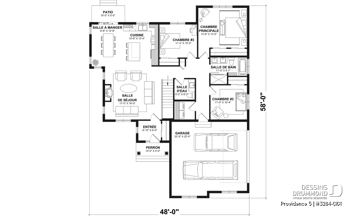 Rez-de-chaussée (Optionel $) - Plan de plain-pied champêtre, 3 chambres, garage double latéral, buanderie, foyer, plafond à 9 pieds - Providence 5
