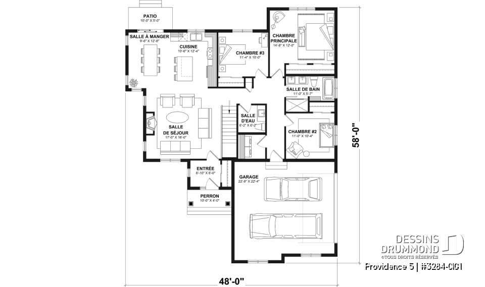 Rez-de-chaussée (Optionel $) - Plan de plain-pied champêtre, 3 chambres, garage double latéral, buanderie, foyer, plafond à 9 pieds - Providence 5