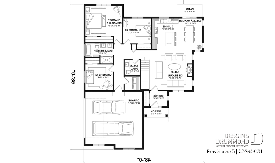 Rez-de-chaussée (Optionel $) - Plan de plain-pied champêtre, 3 chambres, garage double latéral, buanderie, foyer, plafond à 9 pieds - Providence 5