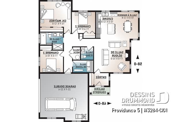 Rez-de-chaussée - Plan de plain-pied champêtre, 3 chambres, garage double latéral, buanderie, foyer, plafond à 9 pieds - Providence 5