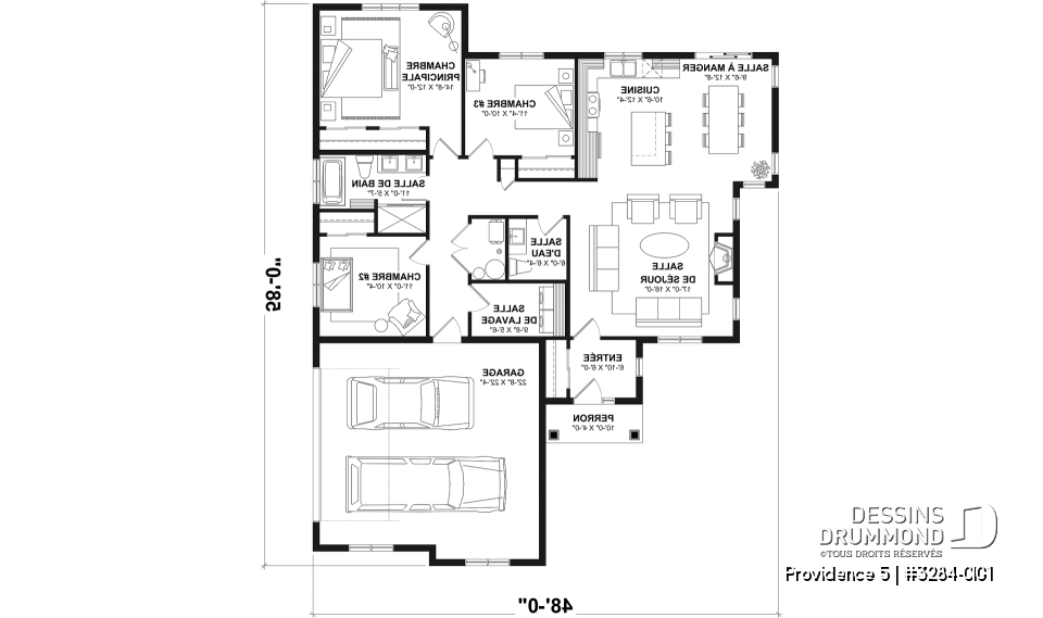 Rez-de-chaussée - Plan de plain-pied champêtre, 3 chambres, garage double latéral, buanderie, foyer, plafond à 9 pieds - Providence 5