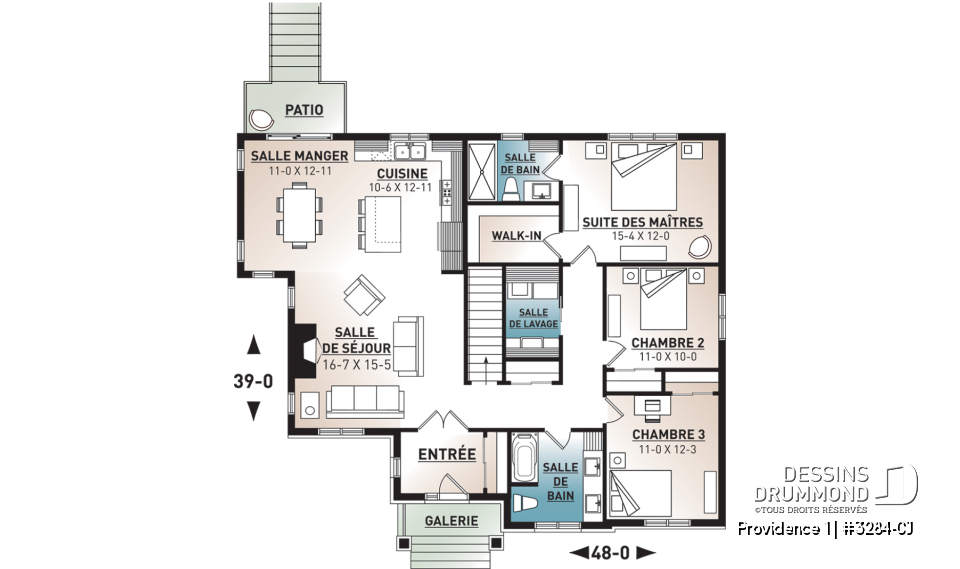 Rez-de-chaussée - Plan maison 3 chambres, Craftsman, chambre des maîtres avec walk-in &amp; salle de douche privée, buanderie, foyer - Providence 1