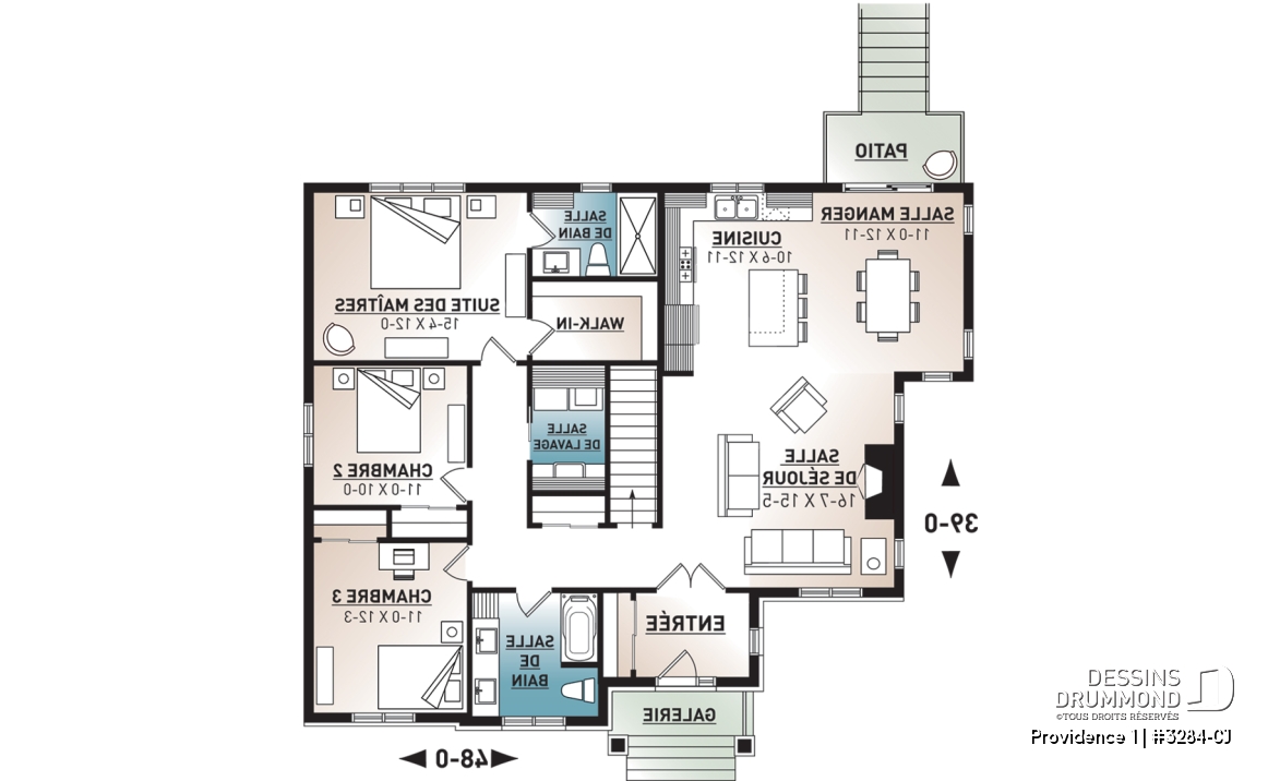 Rez-de-chaussée - Plan maison 3 chambres, Craftsman, chambre des maîtres avec walk-in &amp; salle de douche privée, buanderie, foyer - Providence 1