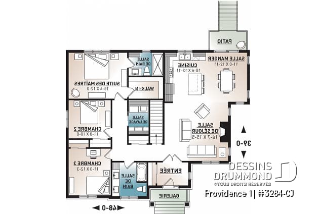 Rez-de-chaussée - Plan maison 3 chambres, Craftsman, chambre des maîtres avec walk-in & salle de douche privée, buanderie, foyer - Providence 1