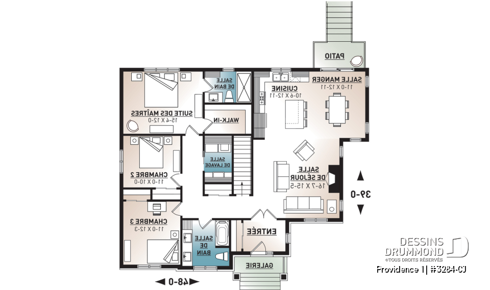 Rez-de-chaussée - Plan maison 3 chambres, Craftsman, chambre des maîtres avec walk-in &amp; salle de douche privée, buanderie, foyer - Providence 1