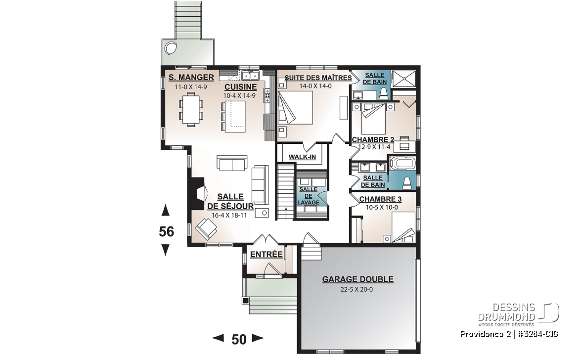 Rez-de-chaussée - Plan de maison 3 chambres, garage double latéral, maison pour terrain en coin de rue, buanderie, foyer - Providence 2