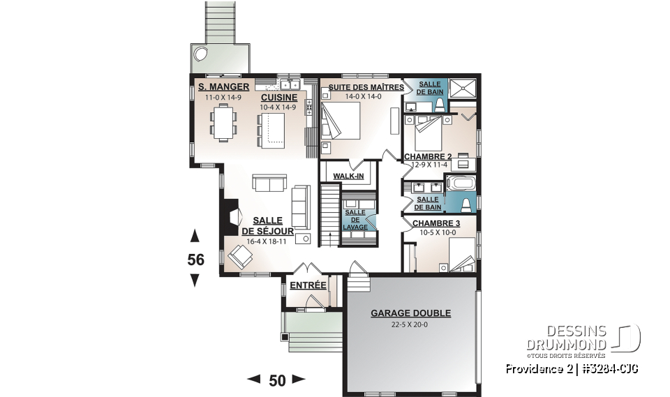 Rez-de-chaussée - Plan de maison 3 chambres, garage double latéral, maison pour terrain en coin de rue, buanderie, foyer - Providence 2