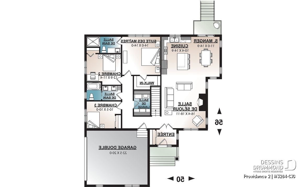 Rez-de-chaussée - Plan de maison 3 chambres, garage double latéral, maison pour terrain en coin de rue, buanderie, foyer - Providence 2