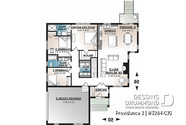 Rez-de-chaussée - Plan de maison 3 chambres, garage double latéral, maison pour terrain en coin de rue, buanderie, foyer - Providence 2