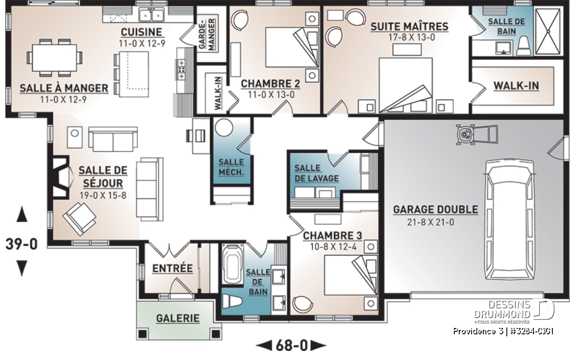 Rez-de-chaussée - Plan de maison plain-pied champêtre avec garage double, 3 chambres et style rustique chaleureux - Providence 3