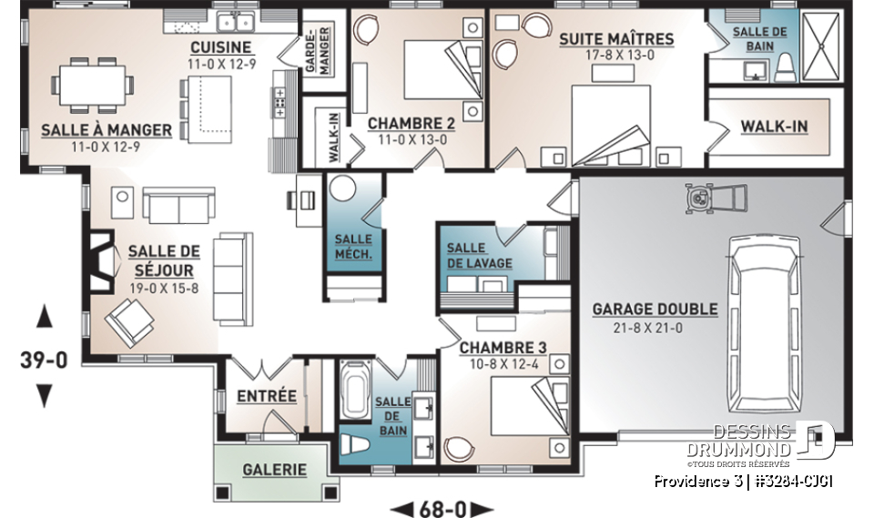 Rez-de-chaussée - Fondation dalle - Plan de maison plain-pied champêtre avec garage double, 3 chambres et style rustique chaleureux - Providence 3