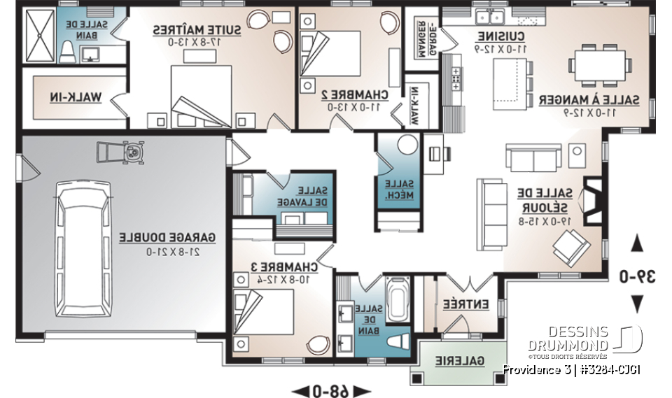 Rez-de-chaussée - Fondation dalle - Plan de maison plain-pied champêtre avec garage double, 3 chambres et style rustique chaleureux - Providence 3