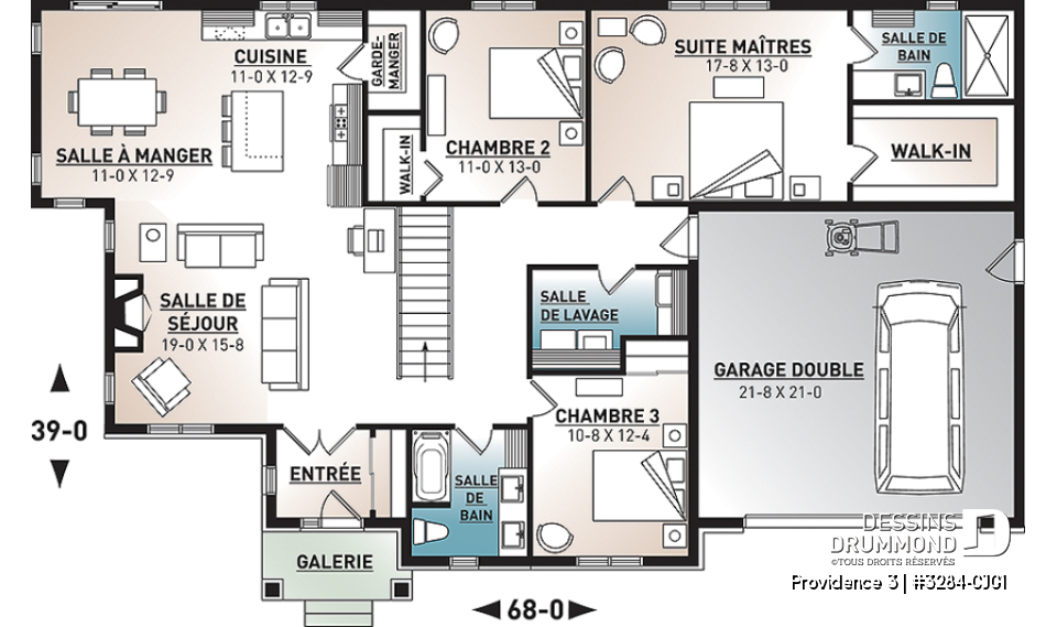 Rez-de-chaussée - Fondation sous-sol (Optionel $) - Plan de maison plain-pied champêtre avec garage double, 3 chambres et style rustique chaleureux - Providence 3