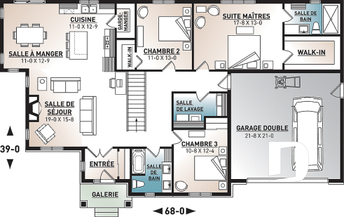 Rez-de-chaussée - Fondation sous-sol (Optionel $) - Plan de maison plain-pied champêtre avec garage double, 3 chambres et style rustique chaleureux - Providence 3