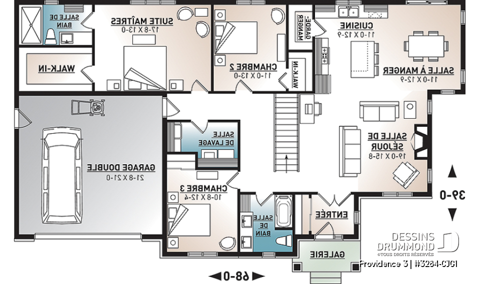 Rez-de-chaussée - Fondation sous-sol (Optionel $) - Plan de maison plain-pied champêtre avec garage double, 3 chambres et style rustique chaleureux - Providence 3
