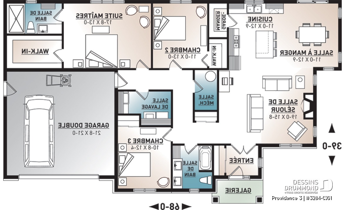 Rez-de-chaussée - Plan de maison plain-pied champêtre avec garage double, 3 chambres et style rustique chaleureux - Providence 3