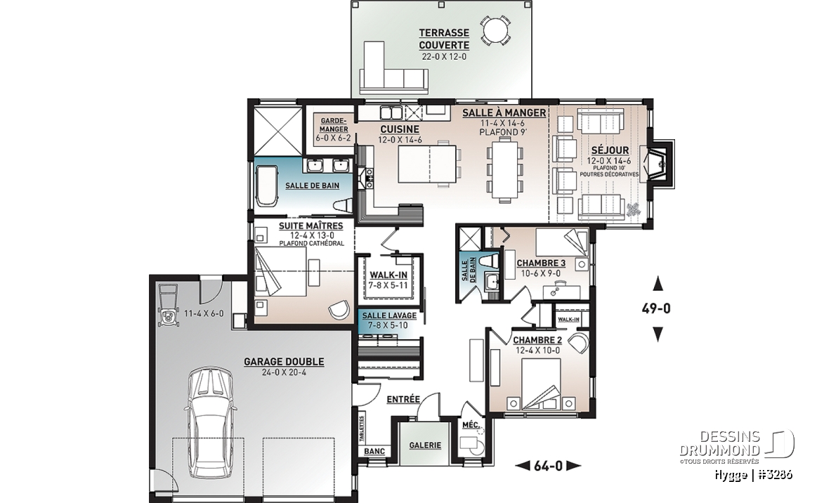 Rez-de-chaussée - Modèle de maison Scandinave, 3 chambres, suite des maîtres, beaucoup de fenêtres, foyer, terrasse abriitée - Hygge