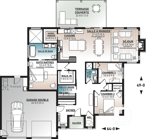 Rez-de-chaussée - Modèle de maison Scandinave, 3 chambres, suite des maîtres, beaucoup de fenêtres, foyer, terrasse abriitée - Hygge