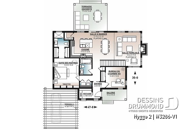 Rez-de-chaussée - Plan de maison scandinave, 2 chambres, suite des maîtres, plafond 9', grande terrasse couverte, aire ouverte - Hygge 2